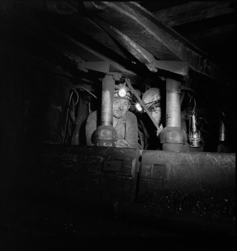 Black and white film negative showing two men underground at Betws Mine.  &#039;Betws&#039; is transcribed from original negative bag.