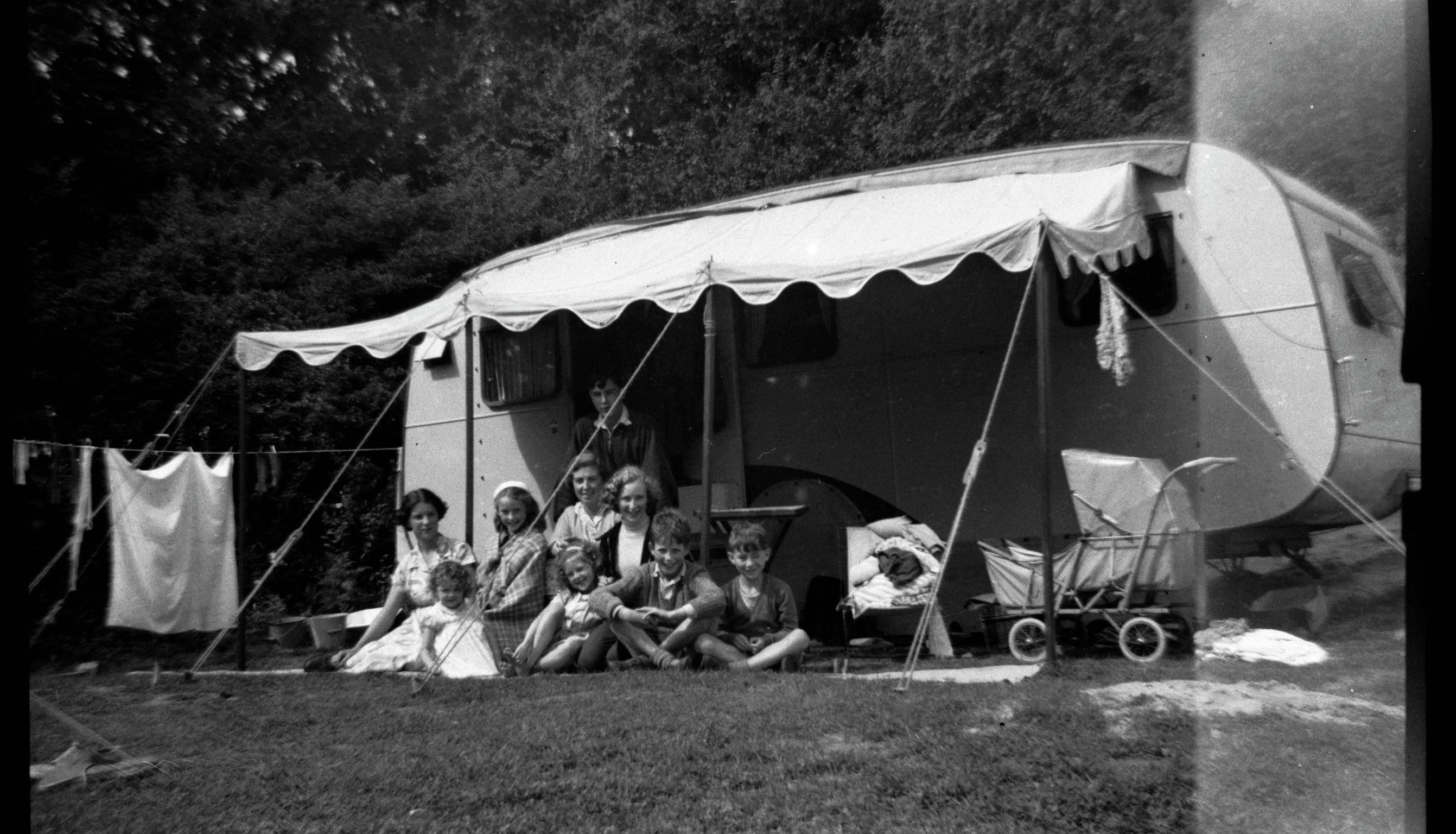 Dodds family with caravan, photograph