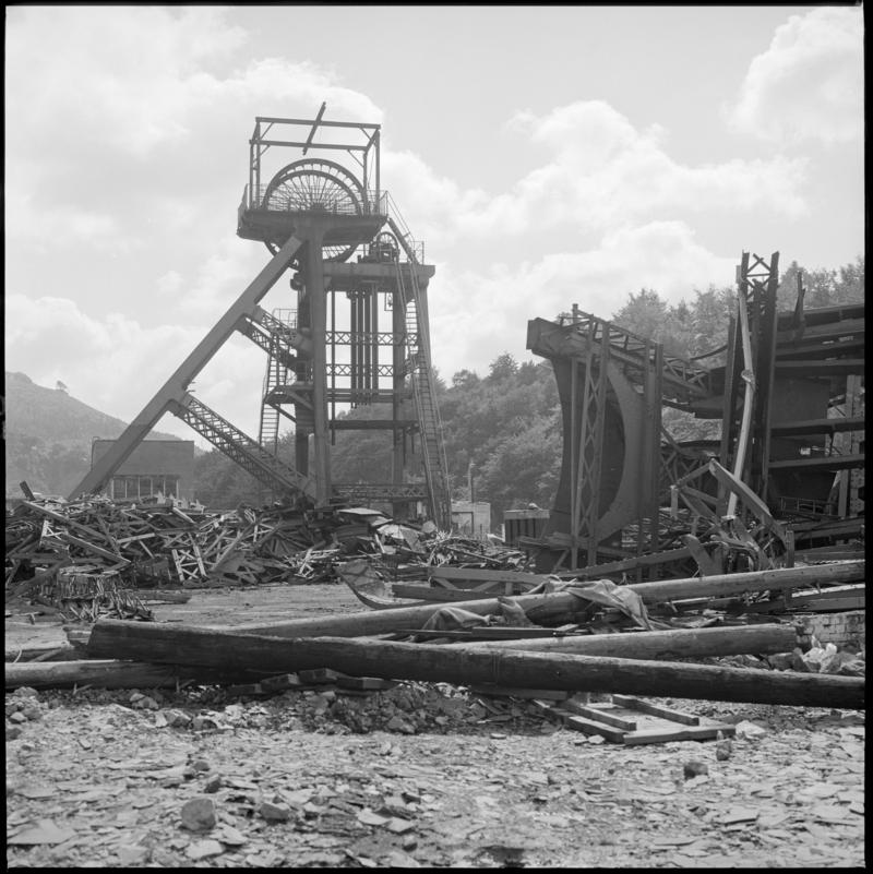 Black and white film negative of a photograph showing demolition at Celynen South Colliery, 1985.  &#039;South Celynen&#039; is transcribed from original negative bag.