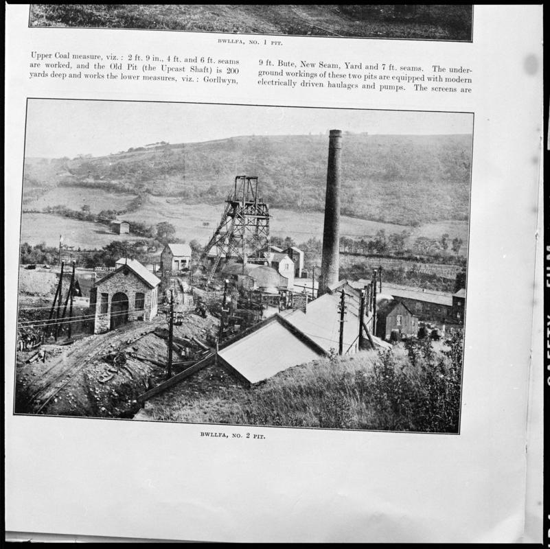 Black and white film negative showing a view of Bwllfa Colliery, No.2 Pit, photographed from a publication.  &#039;Bwllfa No. 2 Pit&#039; is transcribed from original negative bag.
