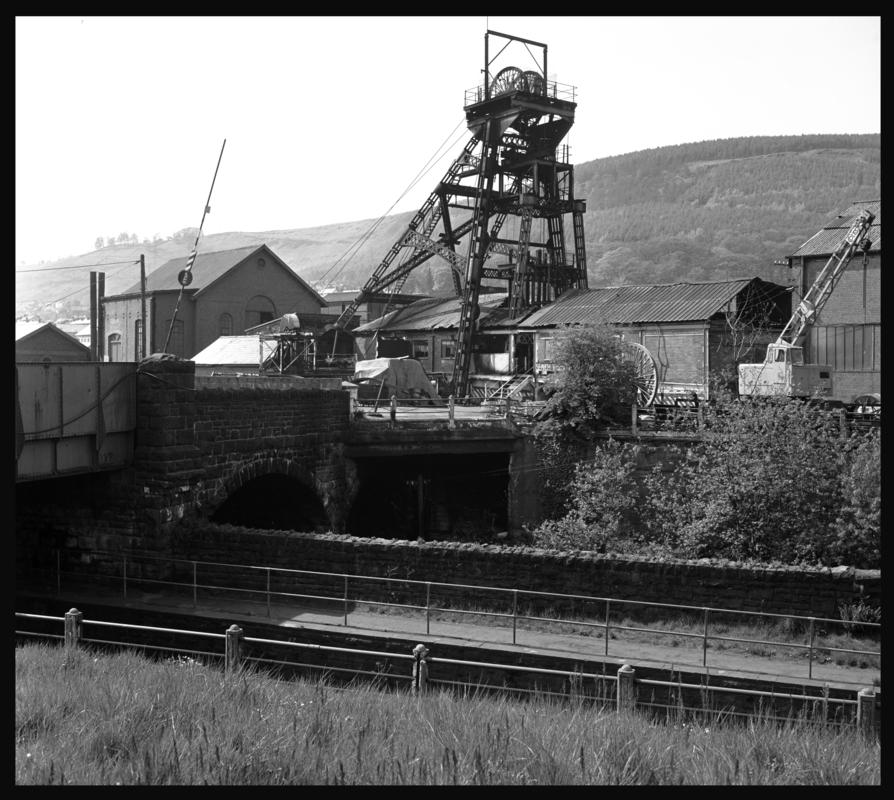 Black and white film negative showing a surface view of Deep Duffryn Colliery, 19 May 1977.