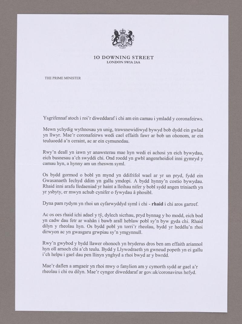 Letter, in Welsh, sent by Prime Minister Boris Johnson to every UK household in April 2020.