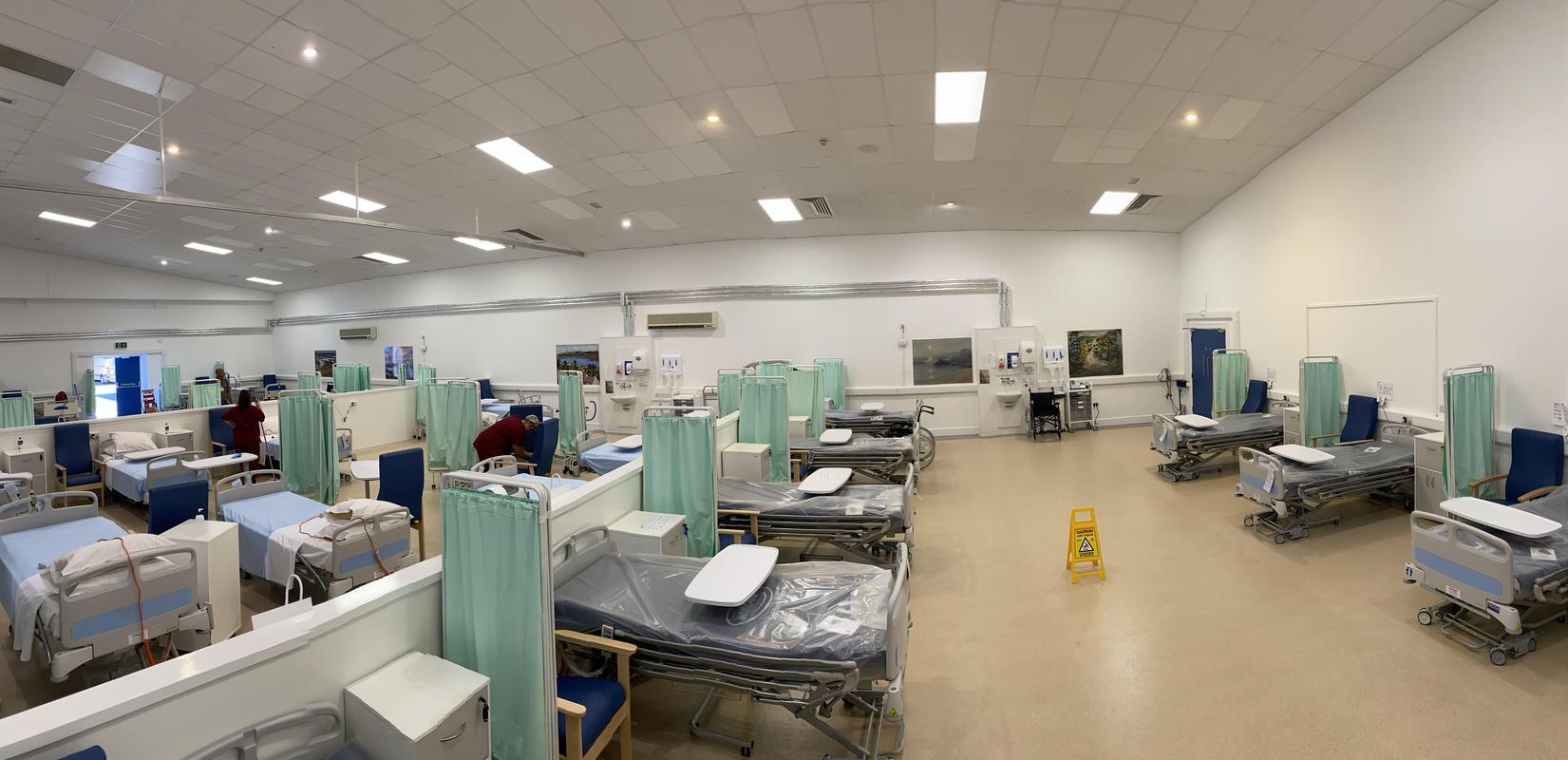 Ward at Hywel Dda University Health Board Field Hospital, Carmarthen. 1st June 2020.