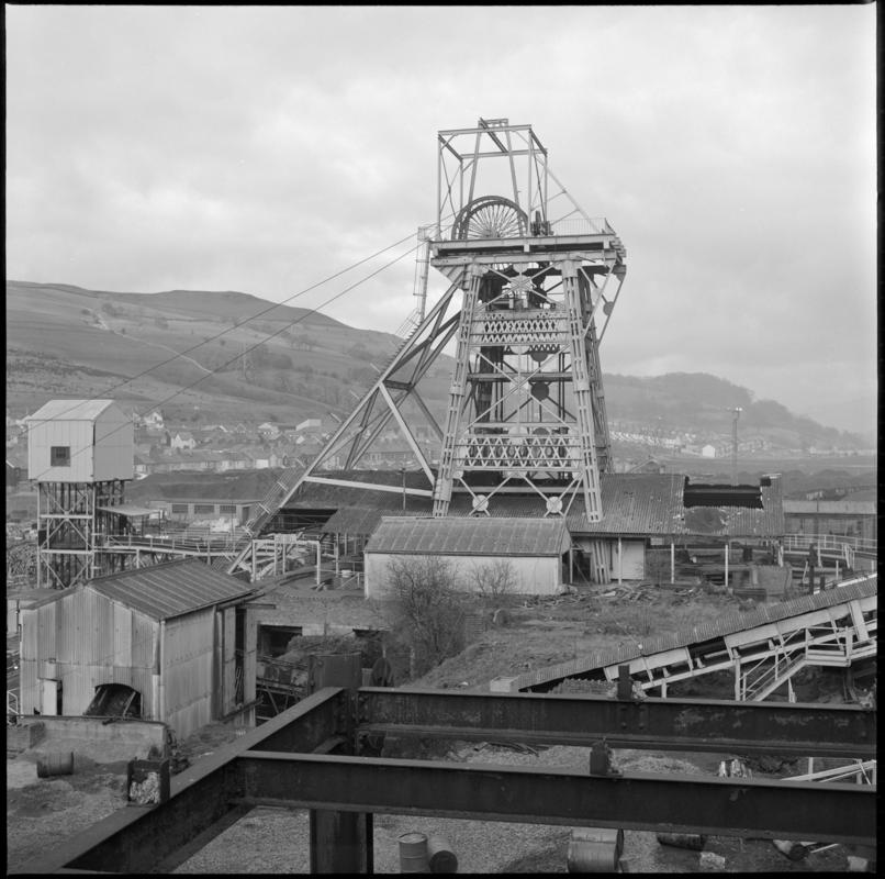 Black and white film negative showing the downcast shaft, Merthyr Vale Colliery.