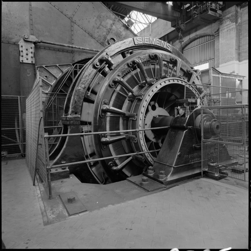Black and white film negative showing the Siemens Electric winder which was installed at Britannia Colliery in 1910-1914 and worked until the closure of the colliery in 1983.  &#039;Britannia winder&#039; is transcribed from original negative bag.  Appears to be identical to 2009.3/2270 and 2009.3/2271.