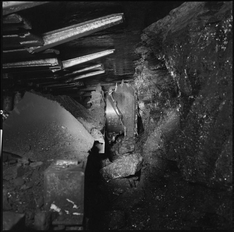 Black and white film negative showing a shearer, Nantgarw Colliery.