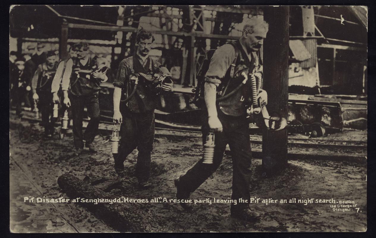 Universal Colliery, Senghenydd. Pit Disaster at Senghenydd. &quot;Heroes All&quot;. A rescue party leaving the Pit after an all night search.