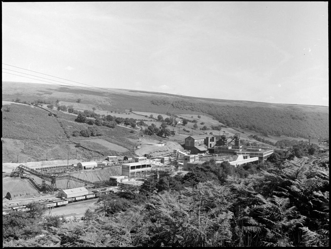 Black and white film negative showing a view towards Hafodyrynys Colliery.