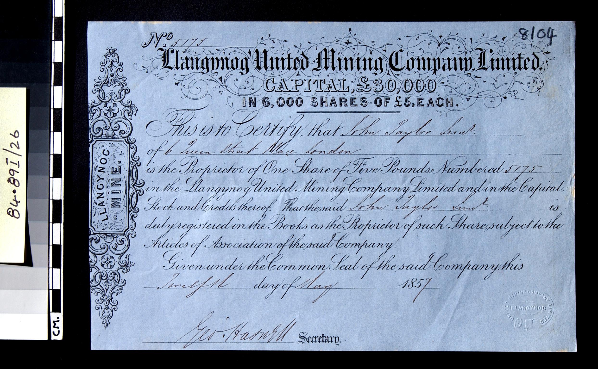 Llangynog United Mining Co.Ltd. share certificate