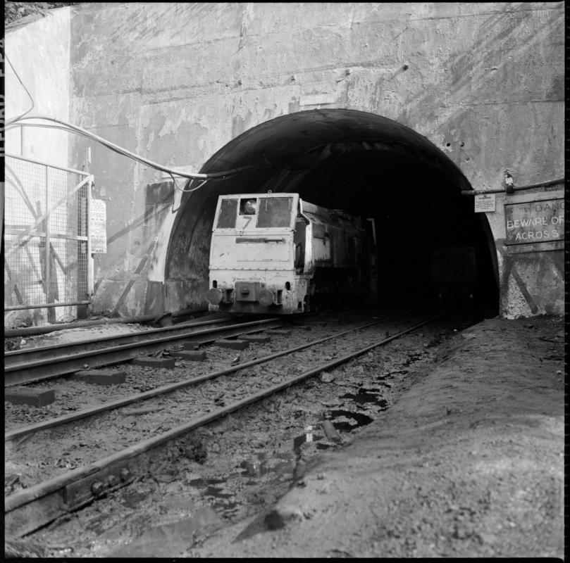 Black and white film negative showing an electric locomotive leaving the mine. &#039;Blaengwrach&#039; is transcribed from original negative bag.  Similar to 2009.3/2442, 2009.3/2443 and 2009.3/2444.