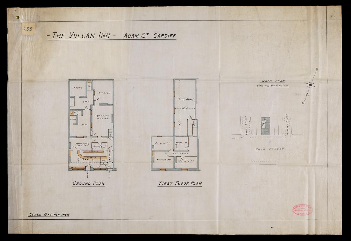 Architectural plan of The Vulcan Hotel labelled &#039;Vulcan Hotel Adam Street Cardiff. Proposed alterations for Messrs W.W.Nell Ltd&#039;. Submitted as part of Planning Application. Approved November 1914.