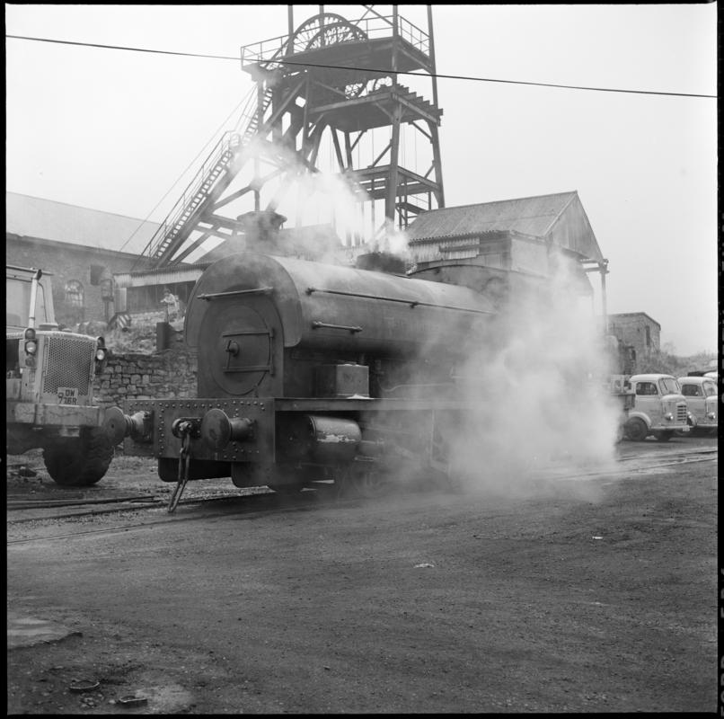 Black and white film negative showing a locomotive at Nixon&#039;s Navigation Colliery.  &#039;Mountain Ash loco, Navigation&#039; is transcribed from original negative bag.