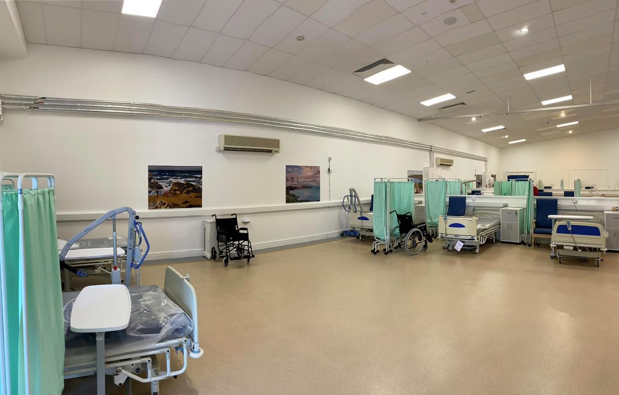 Ward at Hywel Dda University Health Board Field Hospital, Carmarthen. 1st June 2020.