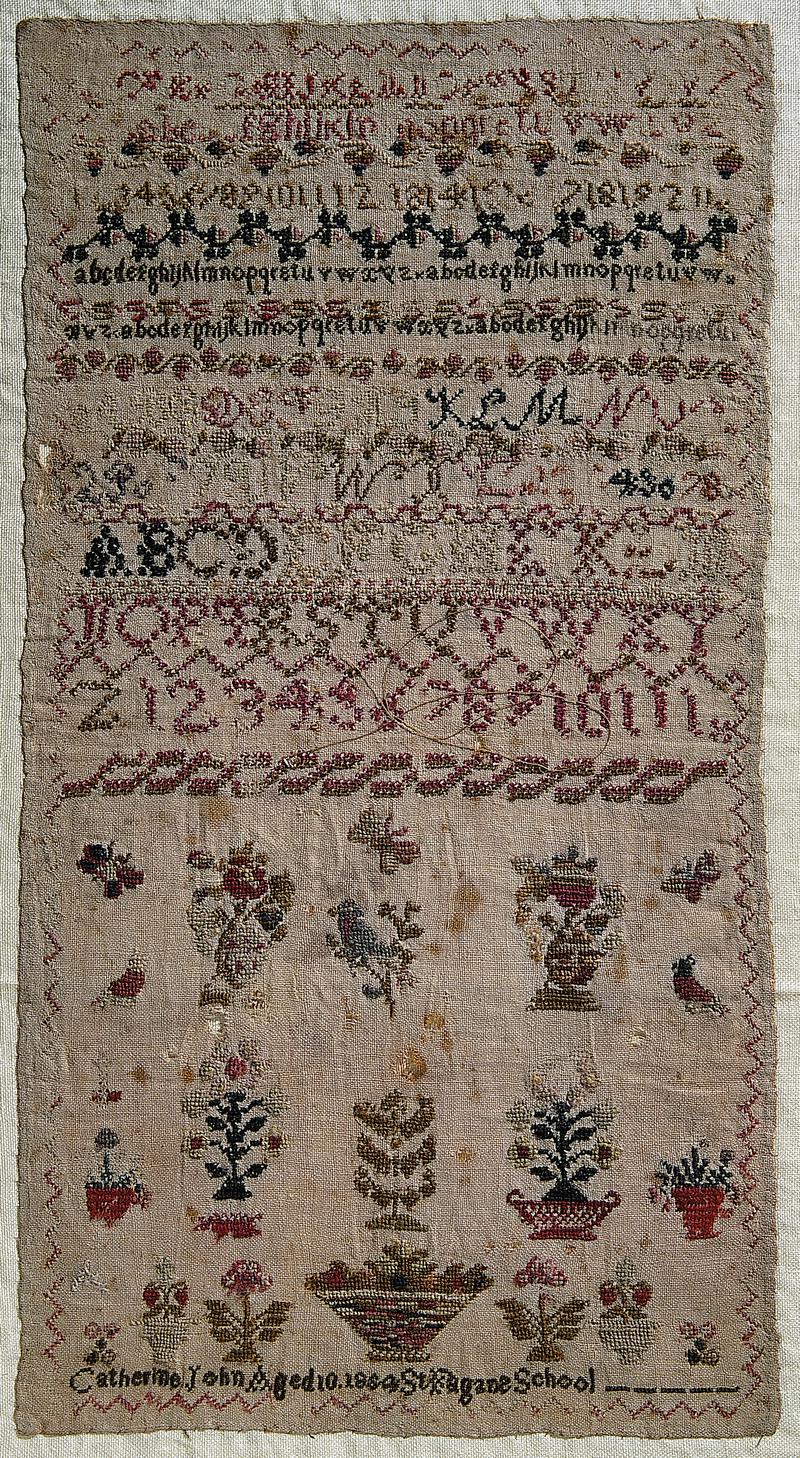 Sampler, (school motifs &amp;, alphabet), made in St Fagans, 1854