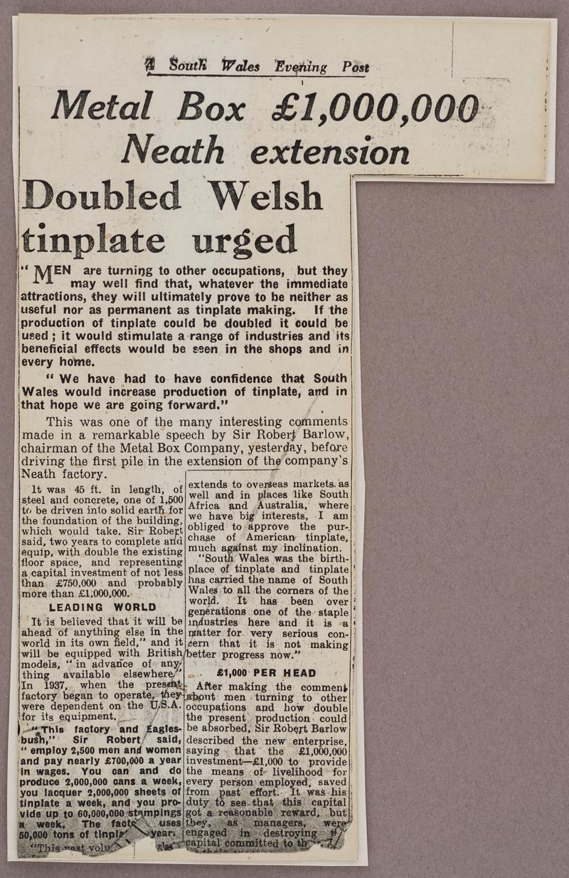 Photocopy of newspaper cutting relating to Metal Box, Neath