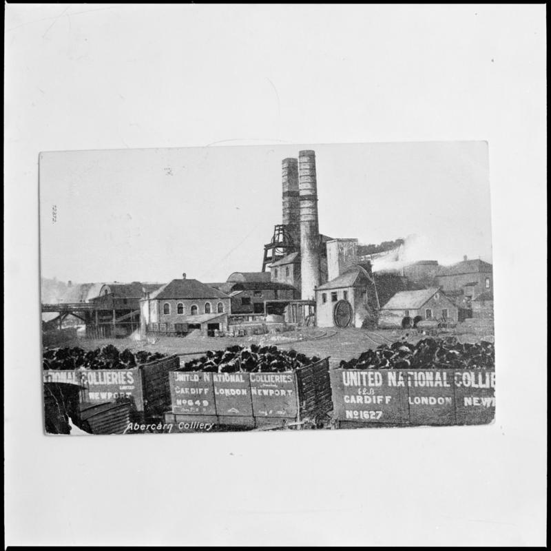 Black and white film negative of a photograph showing a surface view of Prince of Wales Colliery, Abercarn.  &#039;Prince of Wales Abercarn&#039; is transcribed from original negative bag.