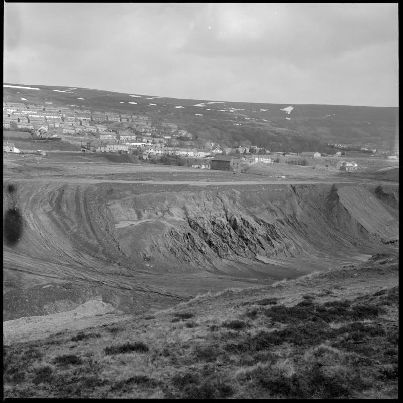 Black and white film negative showing a landscape view, looking towards Blaina, April 1981.  &#039;Blaina April 1981&#039; is transcribed from original negative bag.