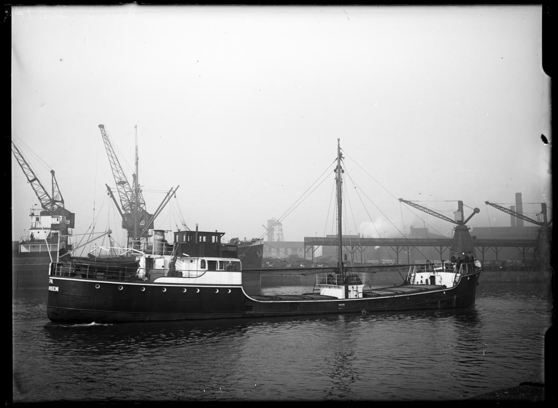 Three quarter Starboard stern view of M.V. DEPA at Cardiff Docks, c.1936.
