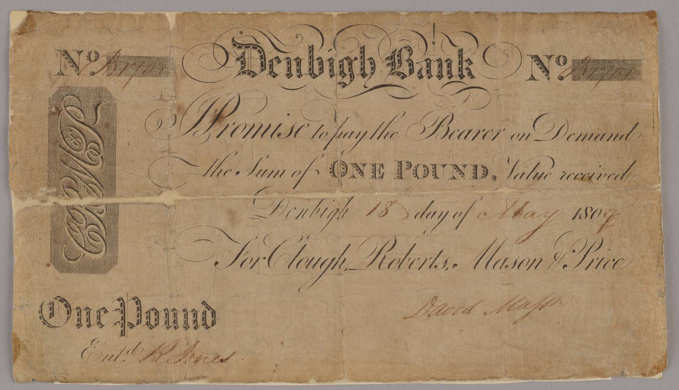 Denbigh Bank one pound bank note, 1809