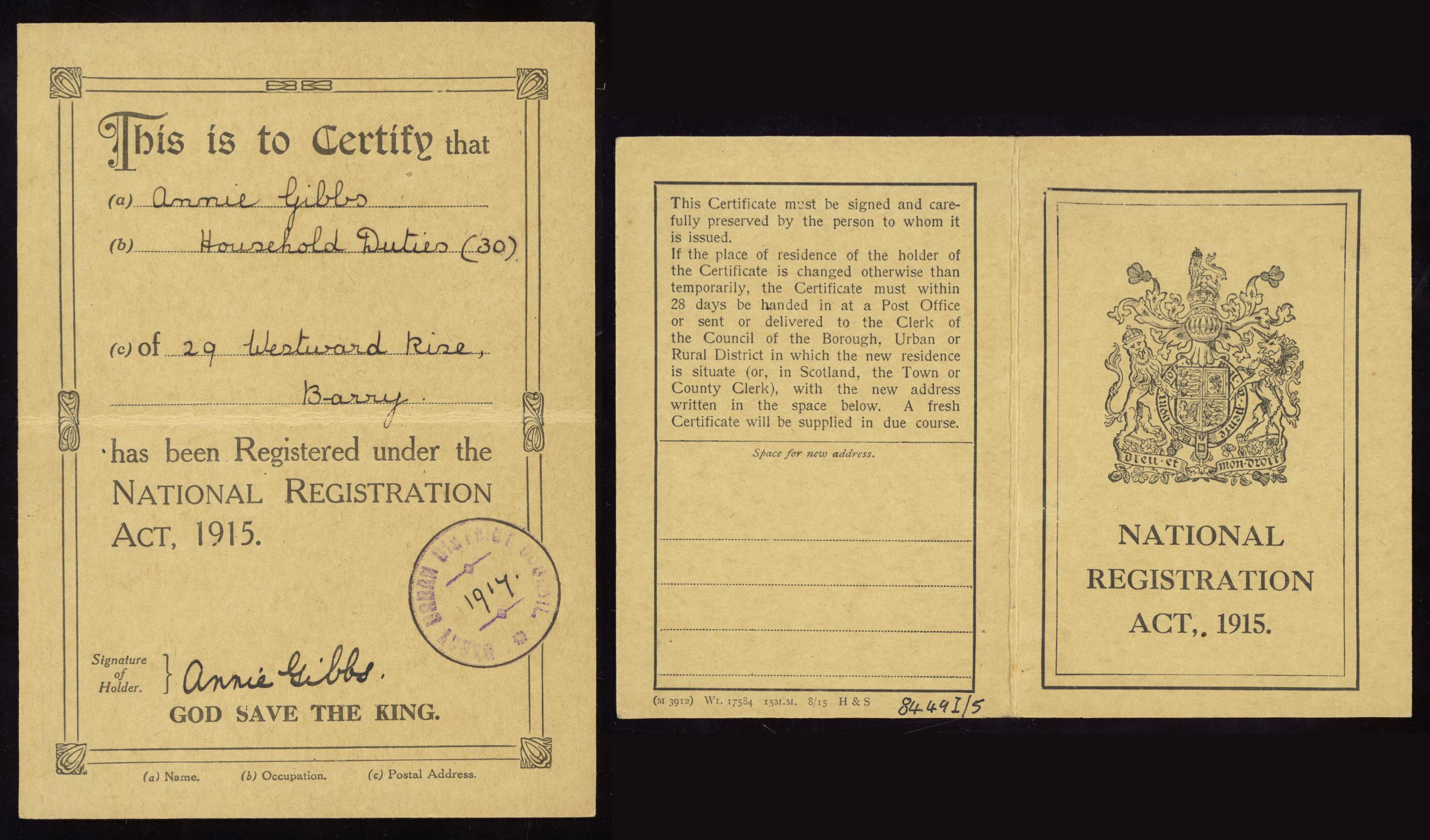 National Registration Act 1915, card