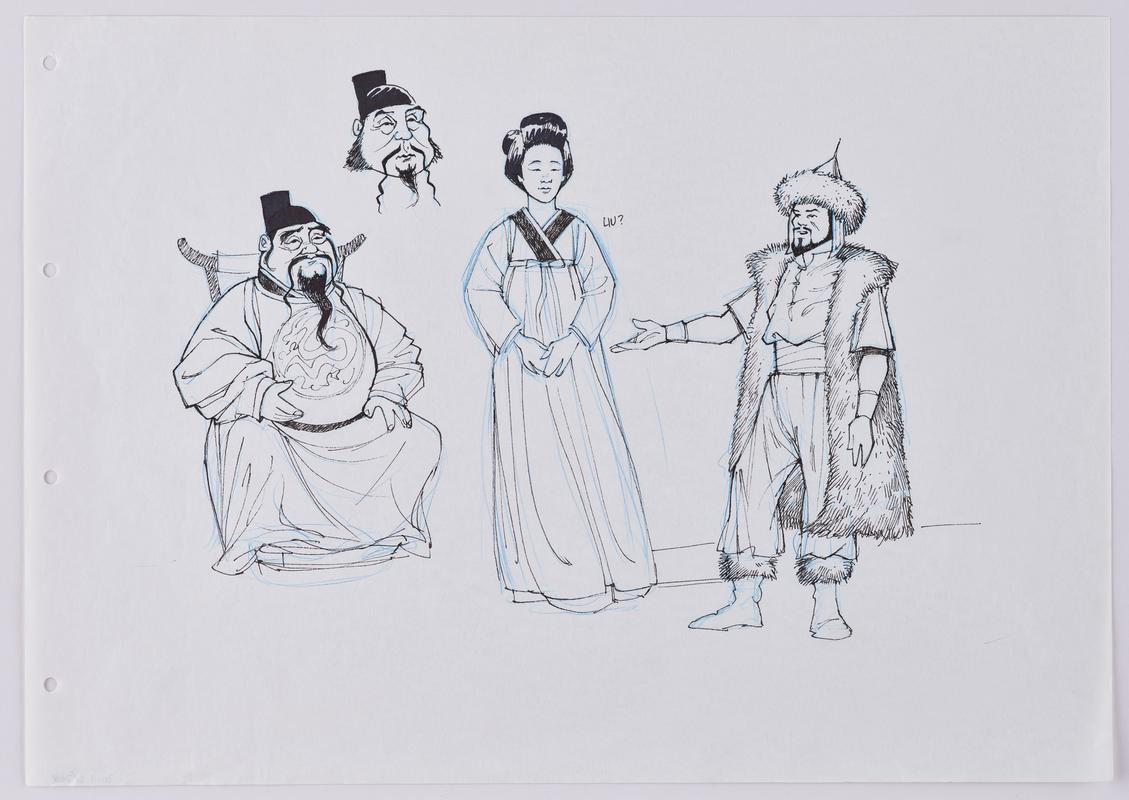 Turandot animation production sketch of characters Emperor Altoum, Liu and Calaf.
