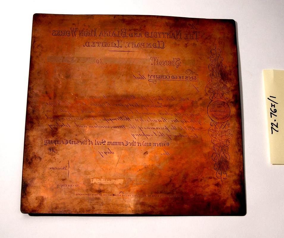 Printing plate for certificate, The Nantyglo and Blaina Iron Works Company Limited.