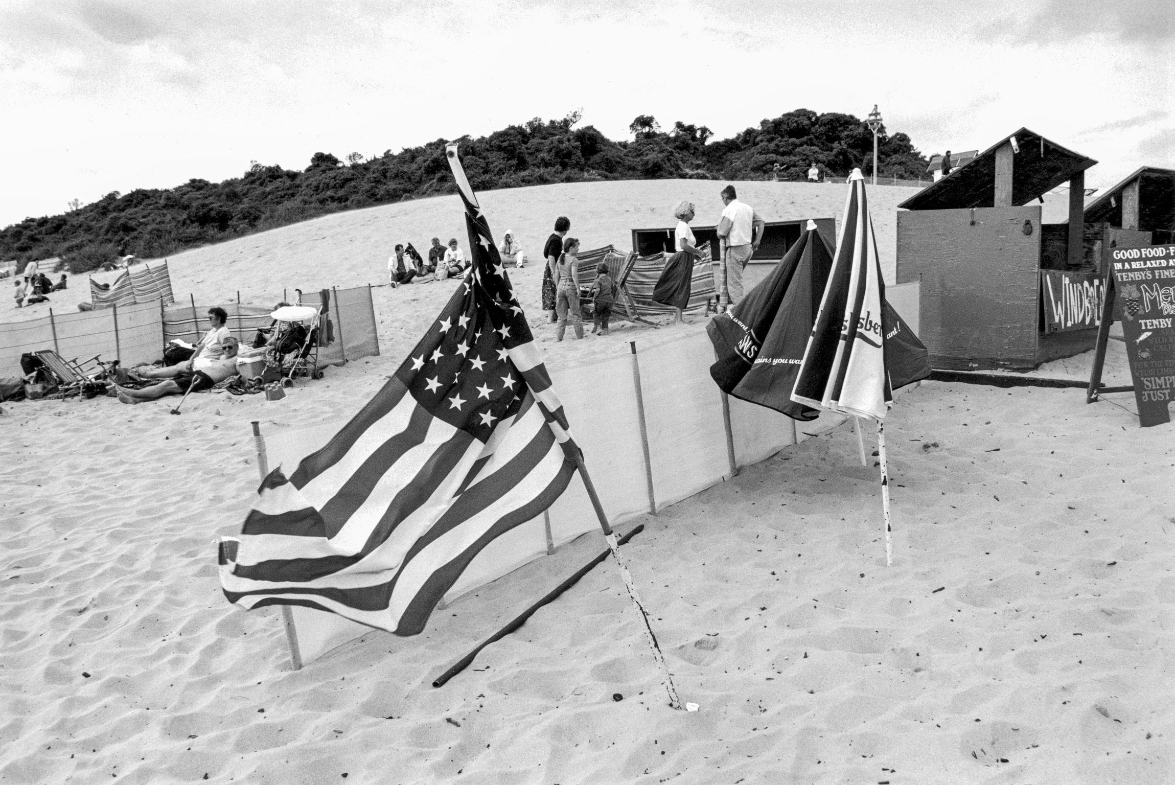 American flag on the beach. At a beach food stall. Tenby, Wales