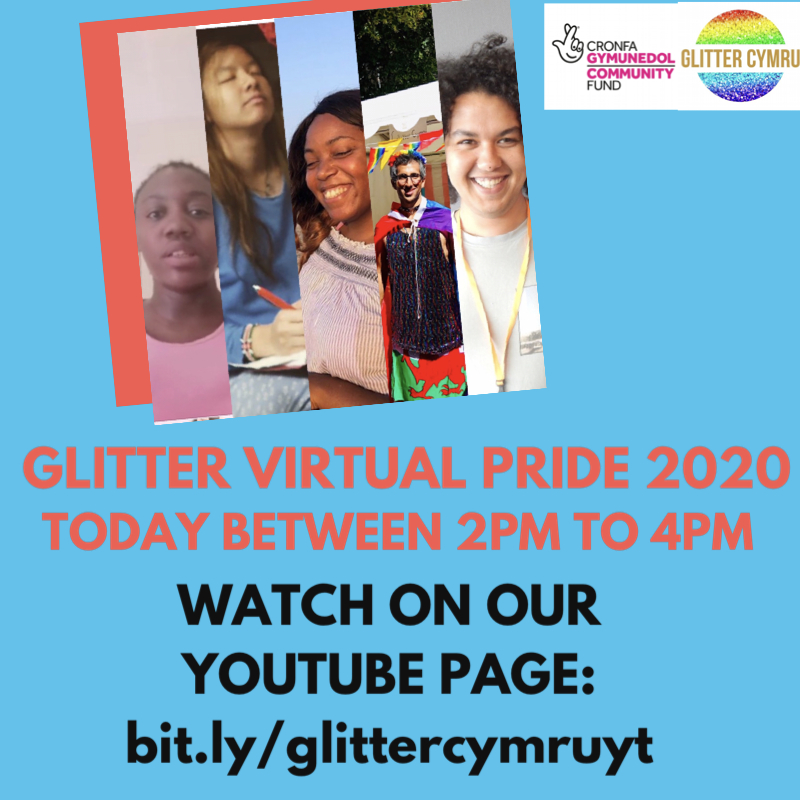 Flyer for Glitter Cymru Virtual Pride held on 22 August 2020