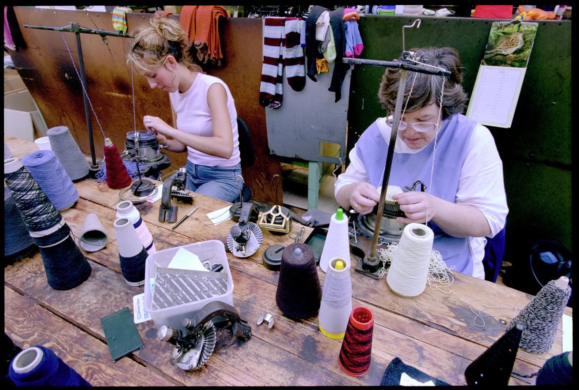 Donna Richards and Margaret Evans working on cashmere cable socks at Corgi Hosiery Ltd factory, Ammanford, 1 July 2002.