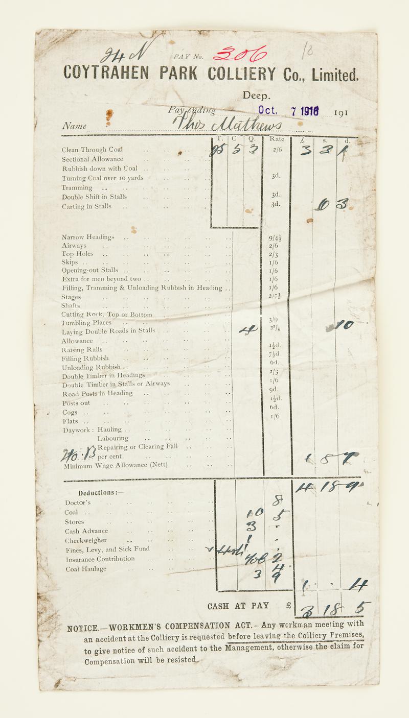 Miner&#039;s wage slip, Coytrahen Park Colliery