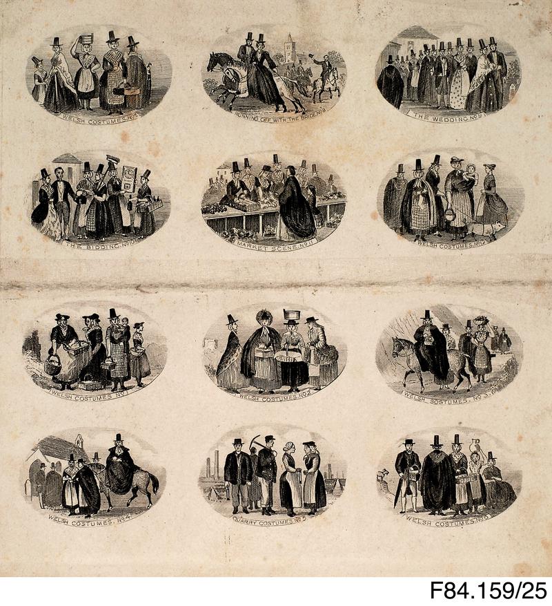 Series of 12 engravings of Welsh costumes on a single page.