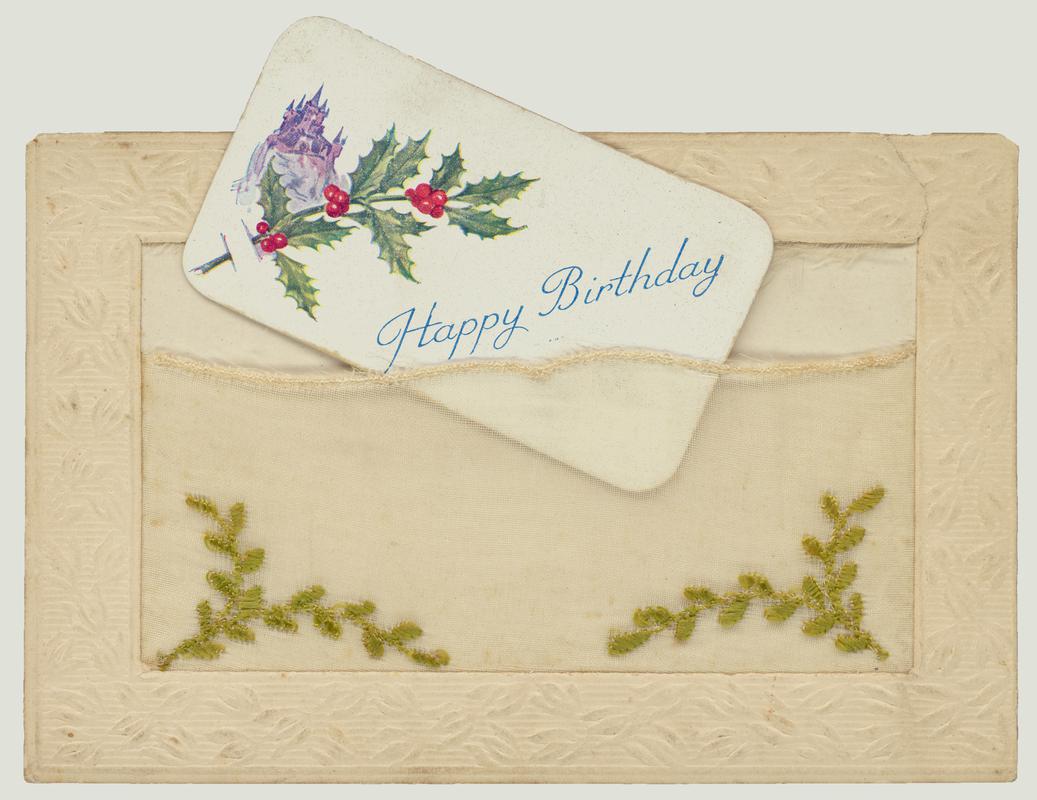 Embroidered birthday postcard. Handwritten message on back: &#039;To Esther From Fred&#039;.