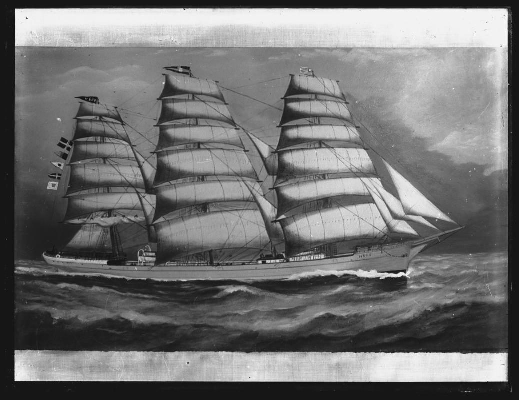 Photograph of a painting showing a starboard broadside view of the three-masted ship HERO.