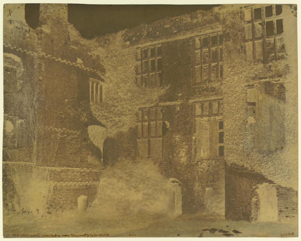 Wax paper calotype negative. Windows of Banquets room and ballroom, Carew Castle, SW