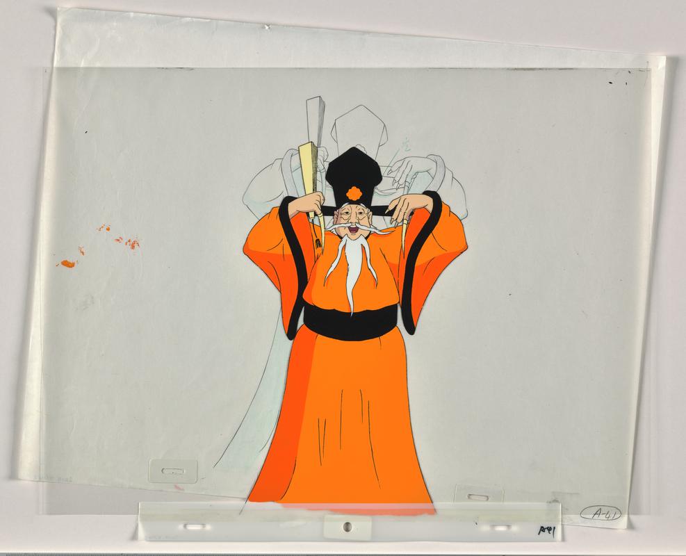 Turandot animation production artwork showing the character Emperor Altoum. Sketch on paper overlaid with cellulose acetate.