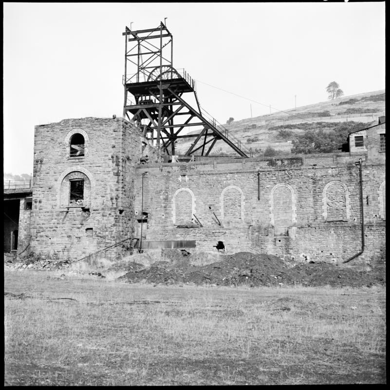 Black and white film negative showing the remains of the Cornish engine house on the No. 1 shaft at Llanhilleth, 1972.  The engine house held the large Cornish pump made by Harvey of Hayle.&#039;Llanhilleth 1972&#039; is transcribed from original negative bag.