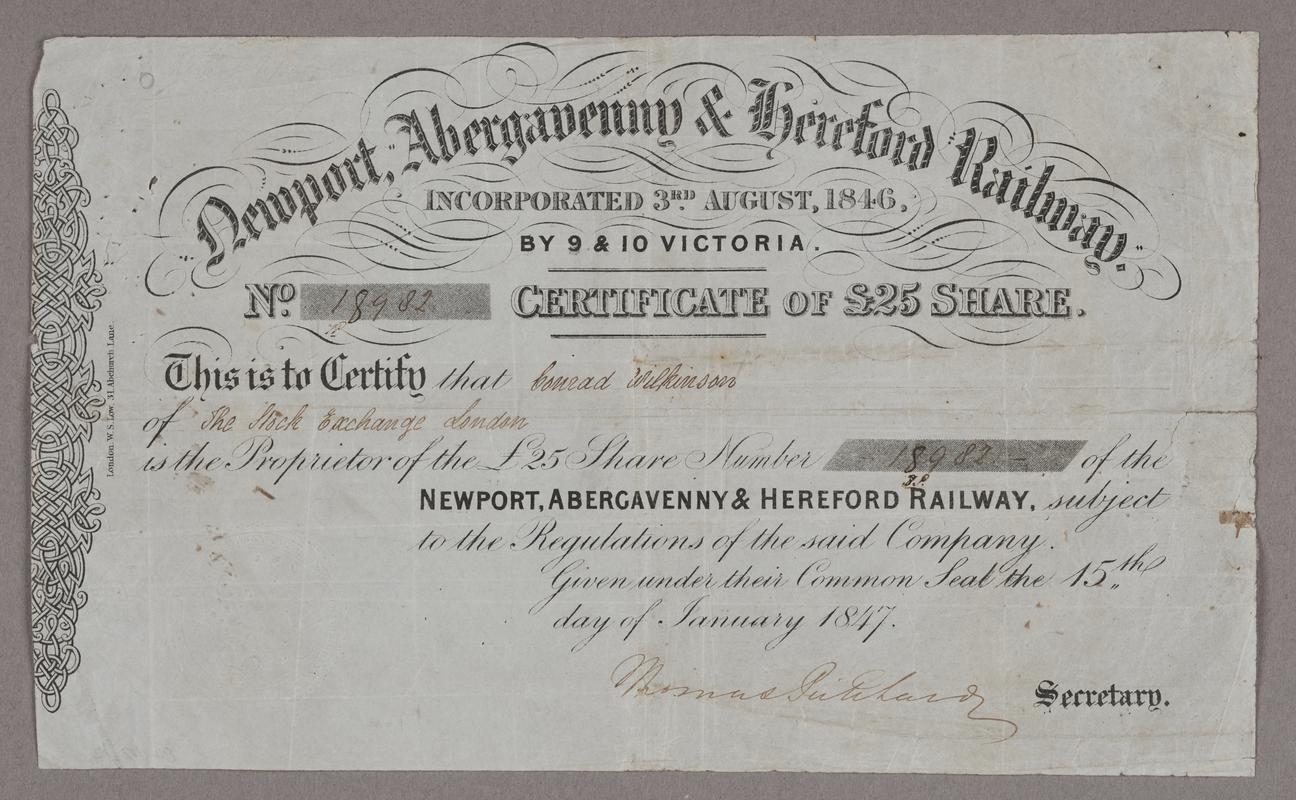 Newport, Abergavenny &amp; Hereford Rly share certificate