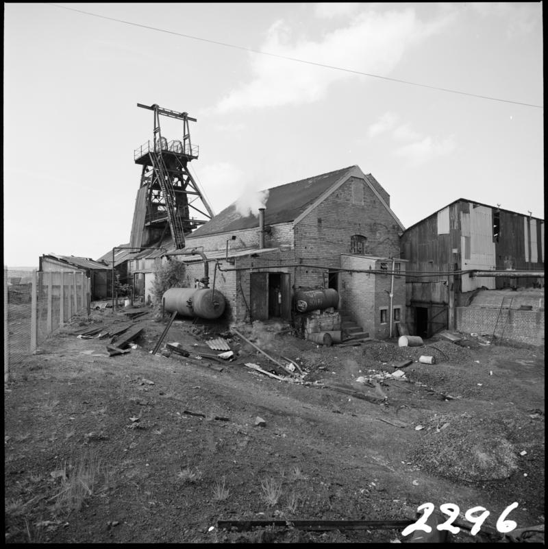Black and white film negative showing a surface view of Morlais Colliery, 13 May 1981.  &#039;Morlais 13/5/81&#039; is transcribed from original negative bag.
