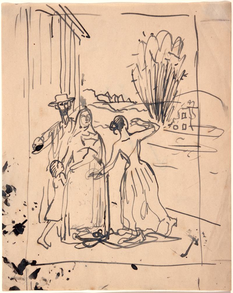 Figures with a Shell exploding in the Distance