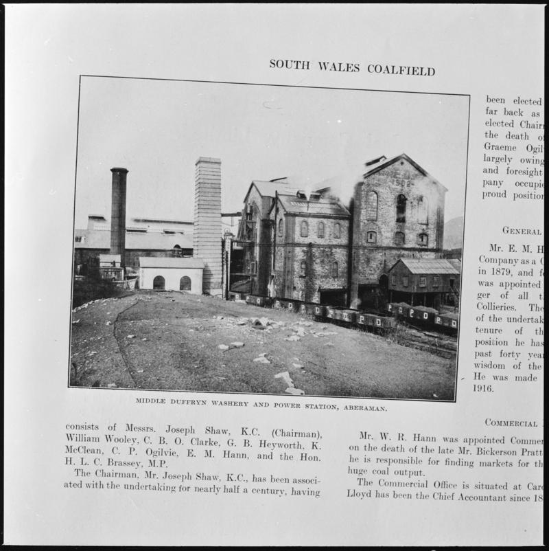 Black and white film negative showing Middle Duffryn power station and washery, photographed from a publication.  &#039;Middle Duffryn power house, Aberdare&#039; is transcribed from original negative bag.