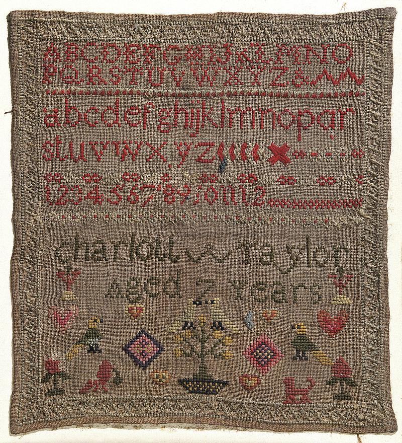 Sampler (alphabet &amp; motifs), made in England, c. 1855