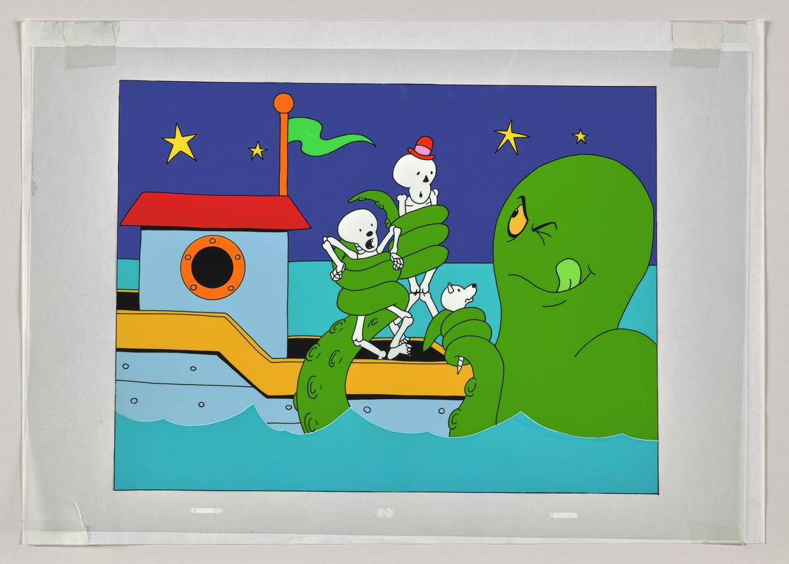 Funny Bones publicity/marketing artwork representing episode &#039;Skeleton Crew&#039;, showing characters Big, Little, Dog and an octopus.