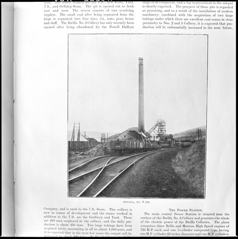 Black and white film negative showing a view of Bwllfa Colliery, No.3 Pit, photographed from a publication.  &#039;Bwllfa No. 3 Pit&#039; is transcribed from original negative bag.