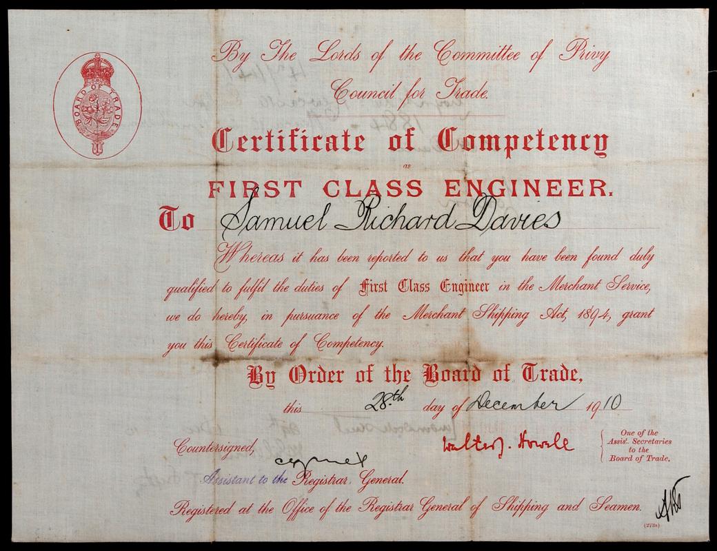 First Class Engineer&#039;s certificate  (front)