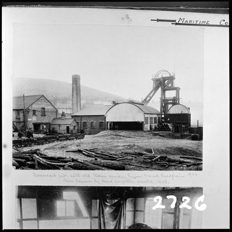 Black and white film negative of a photograph showing the downcast pit, Maritime Colliery c.1900.  &#039;Maritime Downcast&#039; is transcribed from original negative bag.