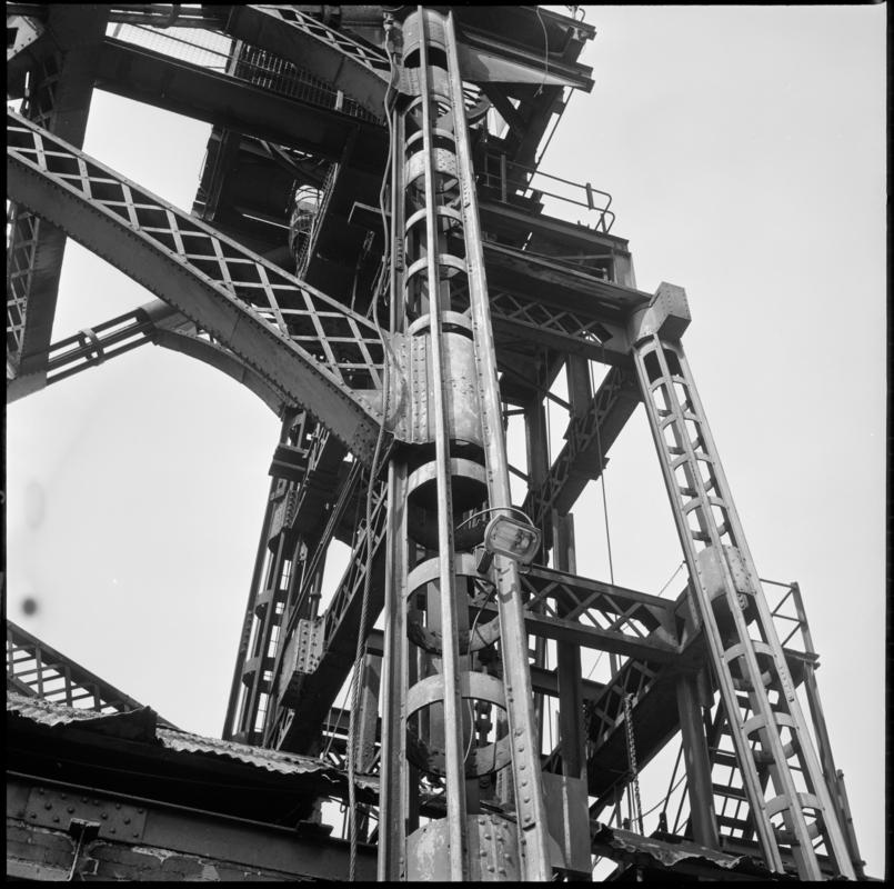 Black and white film negative showing a section of the headgear, Deep Duffryn Colliery 19 May 1977.  &#039;Deep Duffryn 19 May 1977&#039; is transcribed from original negative bag.