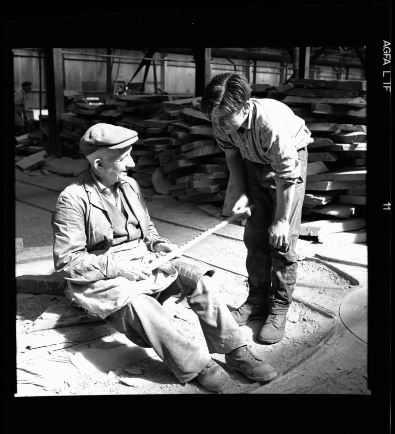 Quarryman and his apprentice - &#039;jermon&#039;, Dinorwig Quarry, early 1960s.