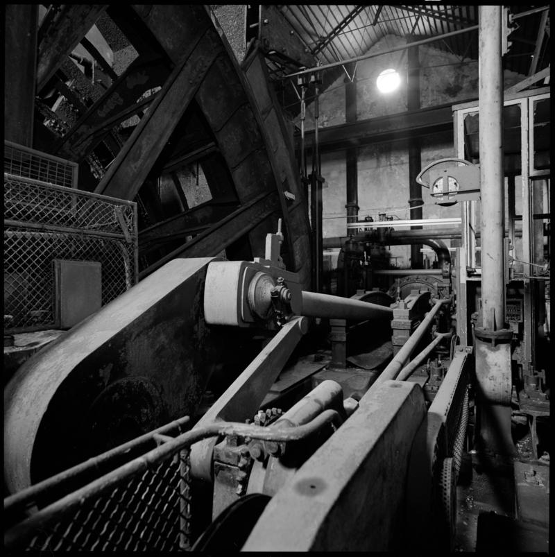 Black and white film negative showing the crank and connecting rod and wheel of the winding engine, Elliot Colliery 1974.  &#039;East Elliot&#039; is transcribed from original negative bag.