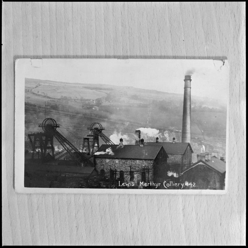 Black and white film negative of a photograph showing a surface view of Lewis Merthyr Colliery. &#039;Lewis Merthyr&#039; is transcribed from original negative bag.