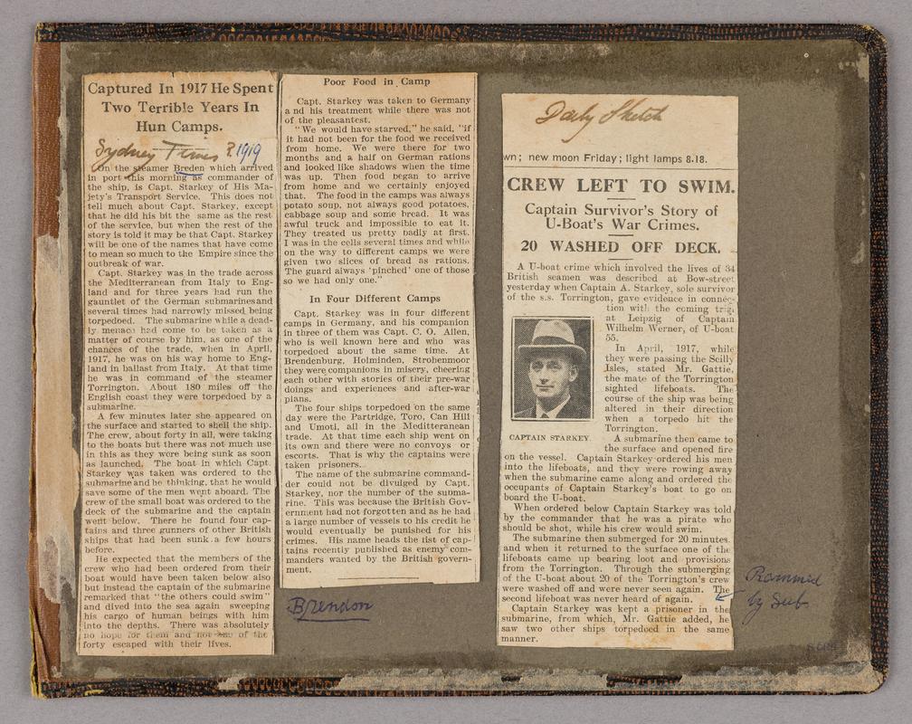 Two newspaper cuttings relating to the sinking of the S.S. Torrington&#039;, and the capture and internment of Capt. A. Starkey of the S.S. &#039;Torrington&#039; during the First World War.